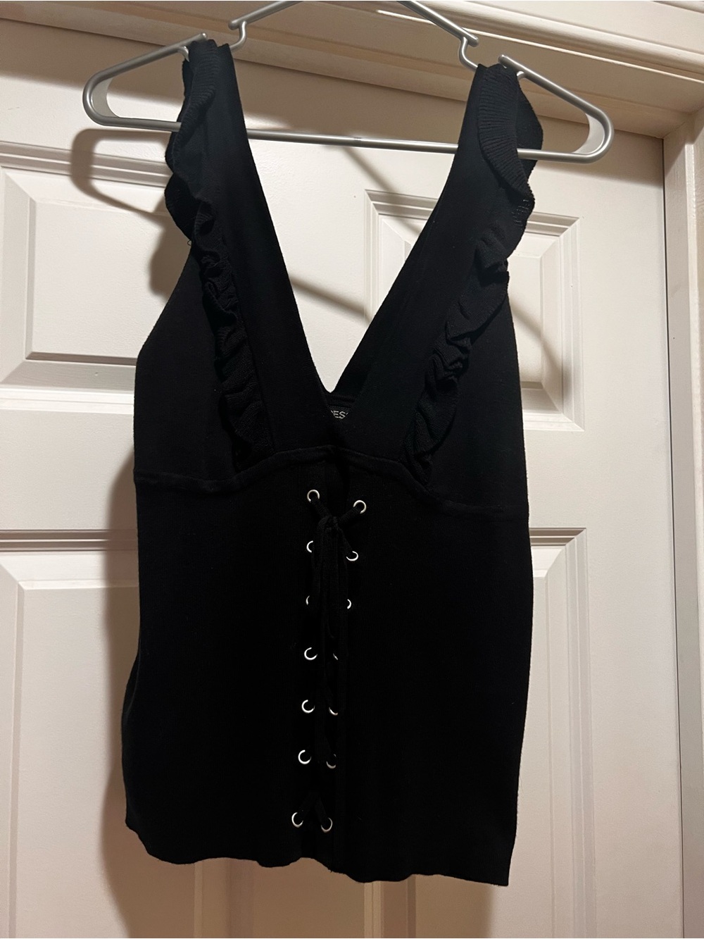Express Black Ruffle Lace-Up V-Neck Tank